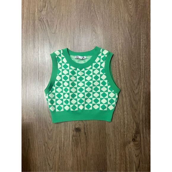 Zara sweater vest diamond pattern green &white Crop Top Size S - Picture 5 of 7